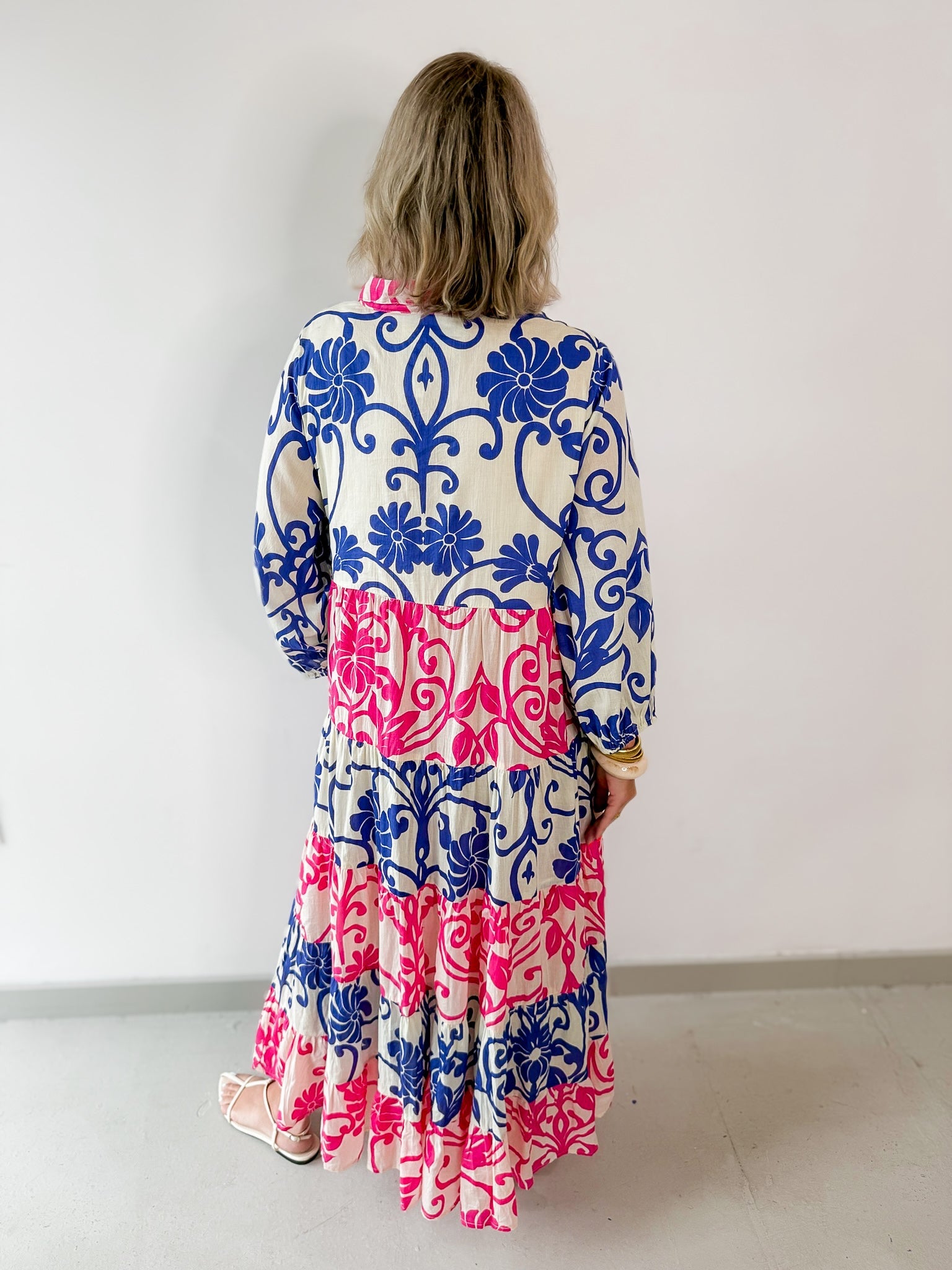 Floral Print Tiered Woven Dress - Pink/Blue