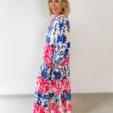 Floral Print Tiered Woven Dress - Pink/Blue