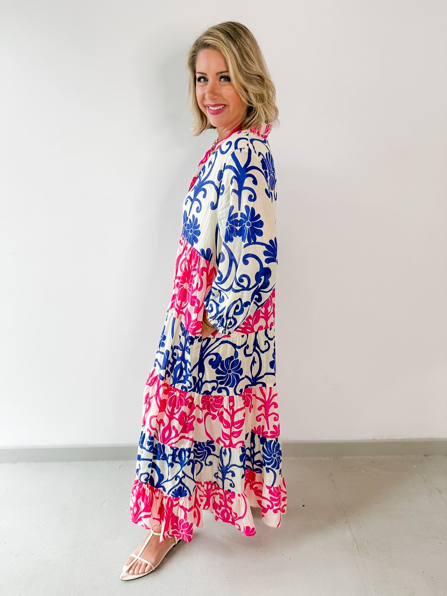 Floral Print Tiered Woven Dress - Pink/Blue