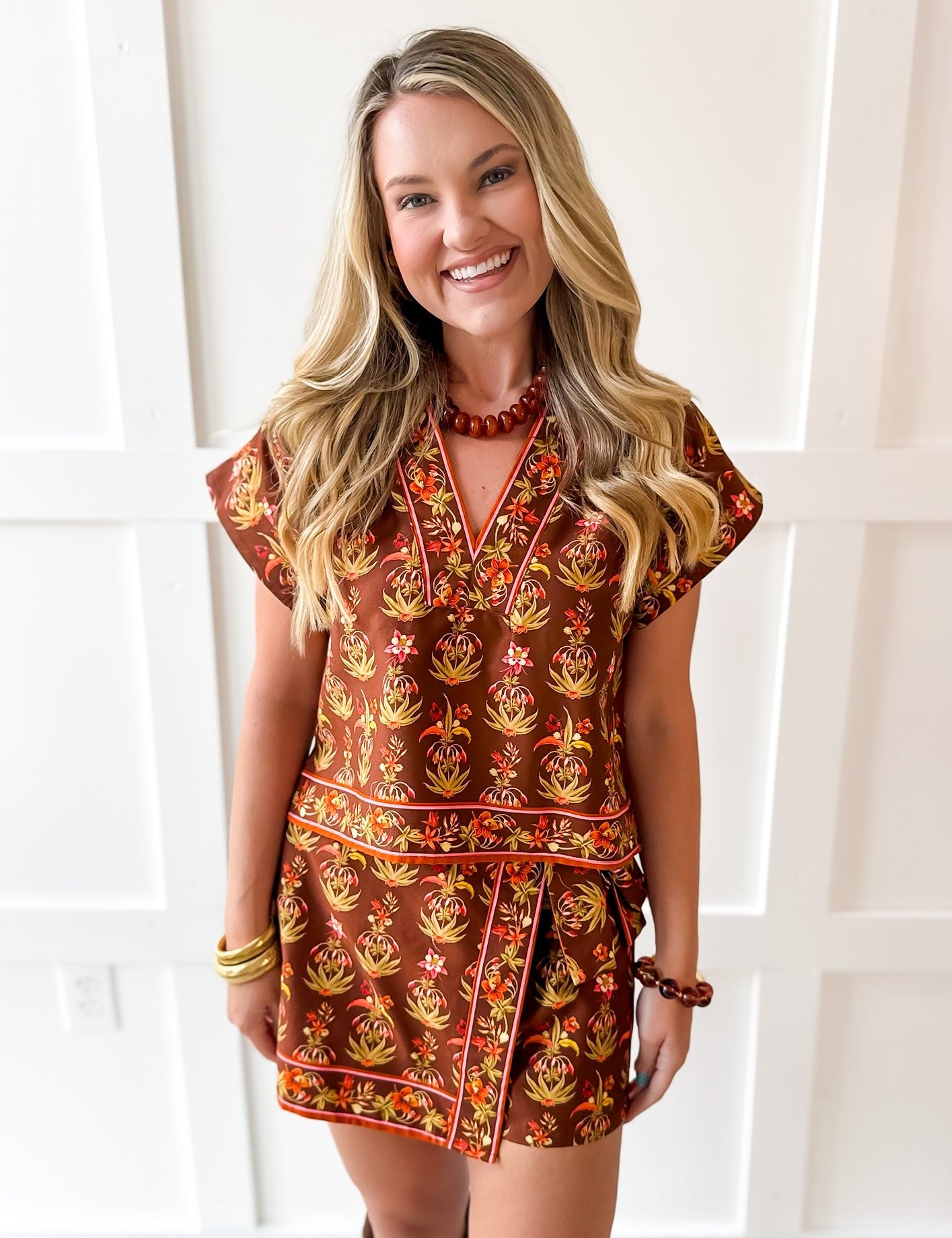 Floral Print Top & Skort Set- Brown