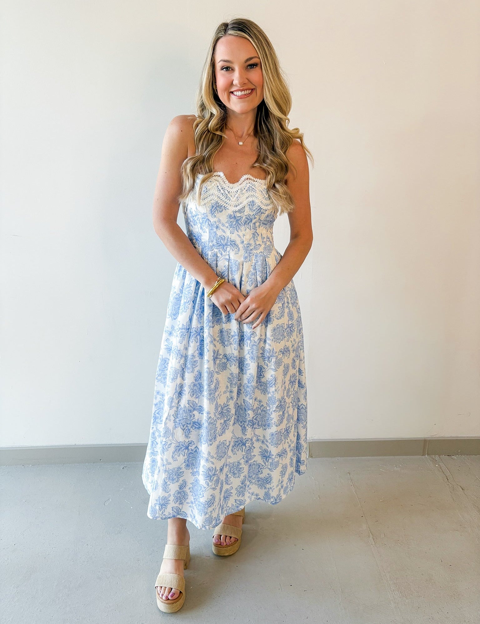 Floral Print Trim Pleated Dress