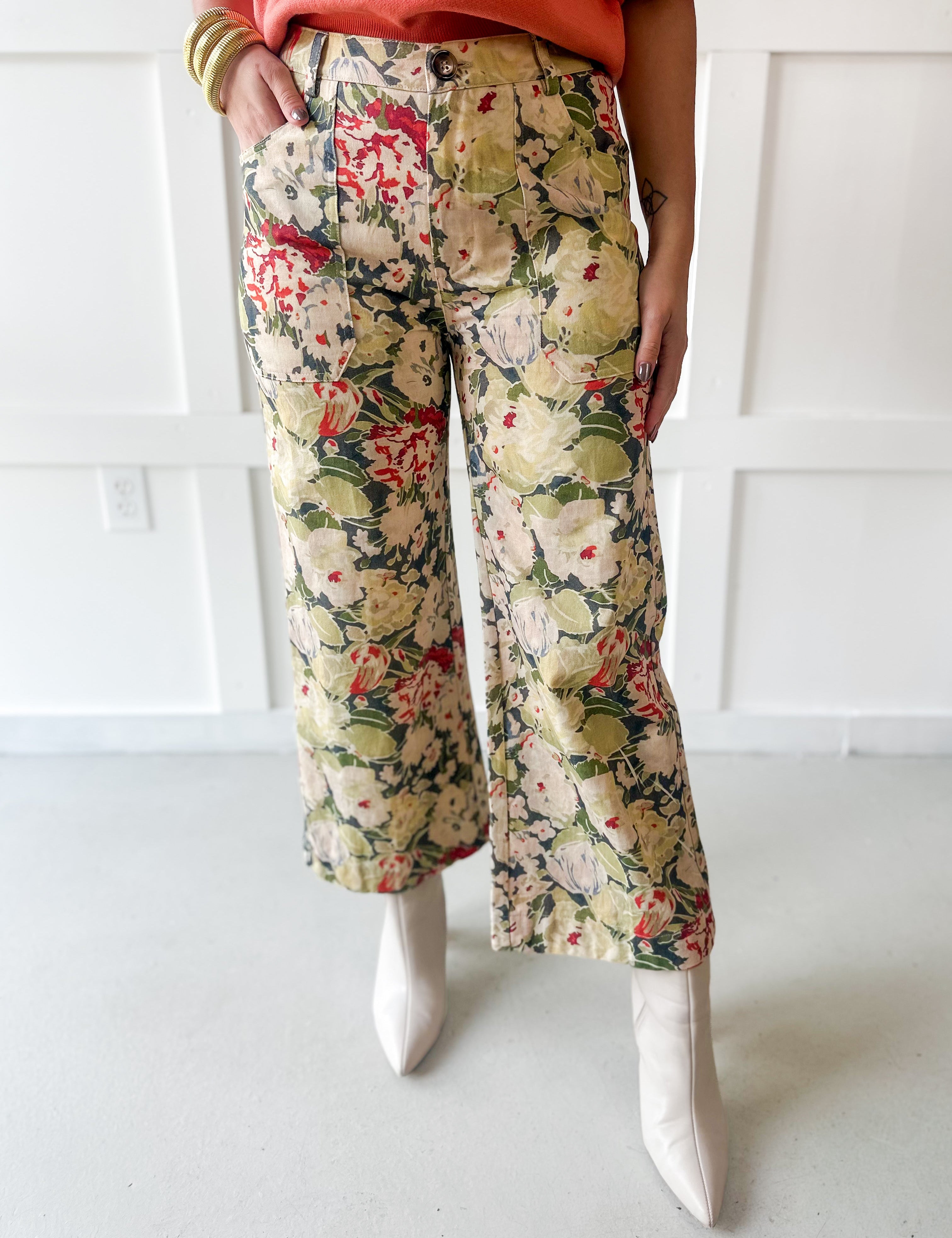Floral Printed Pants - Olive