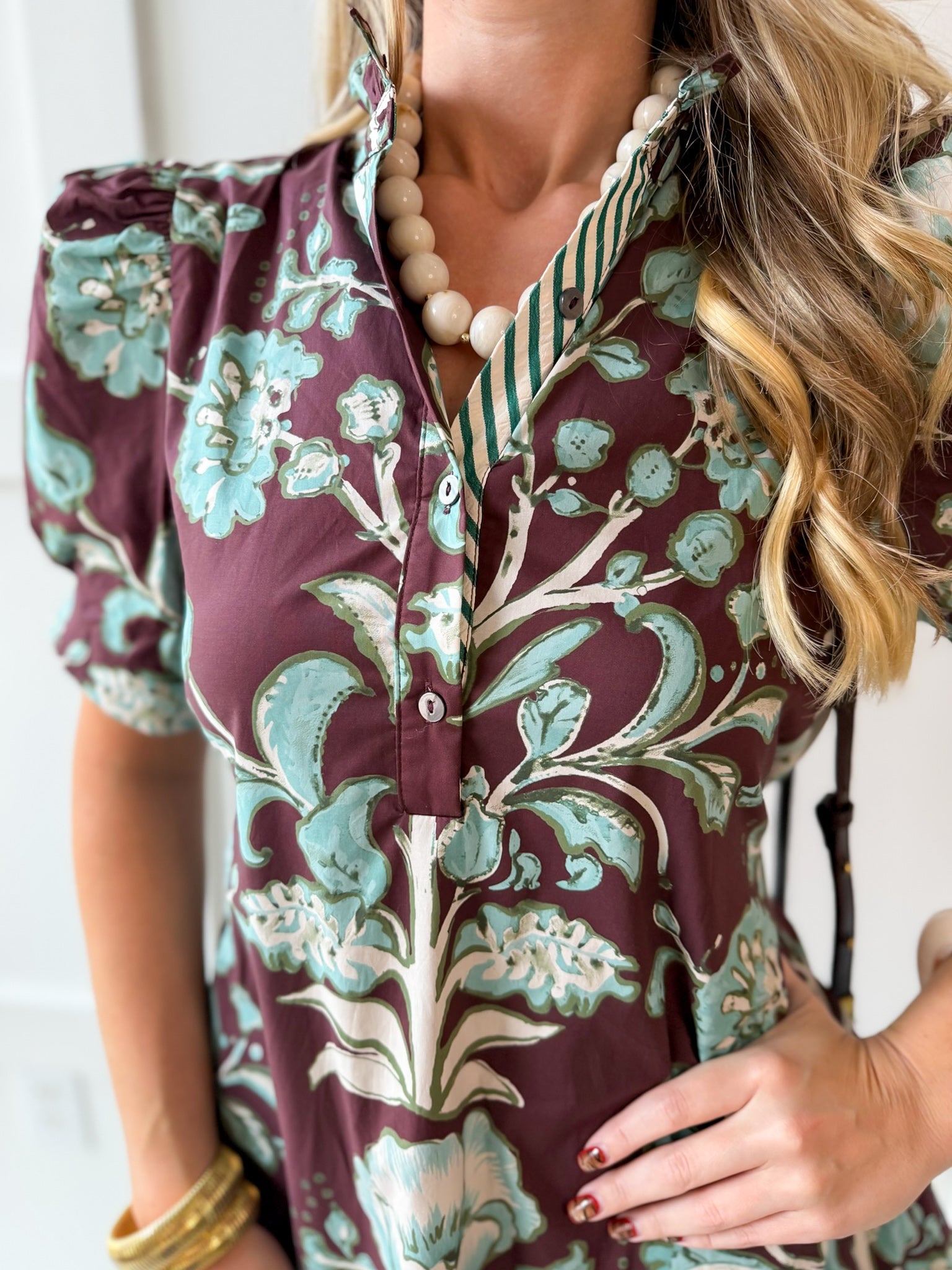 Floral Puff Sleeve Dress - Chocolate