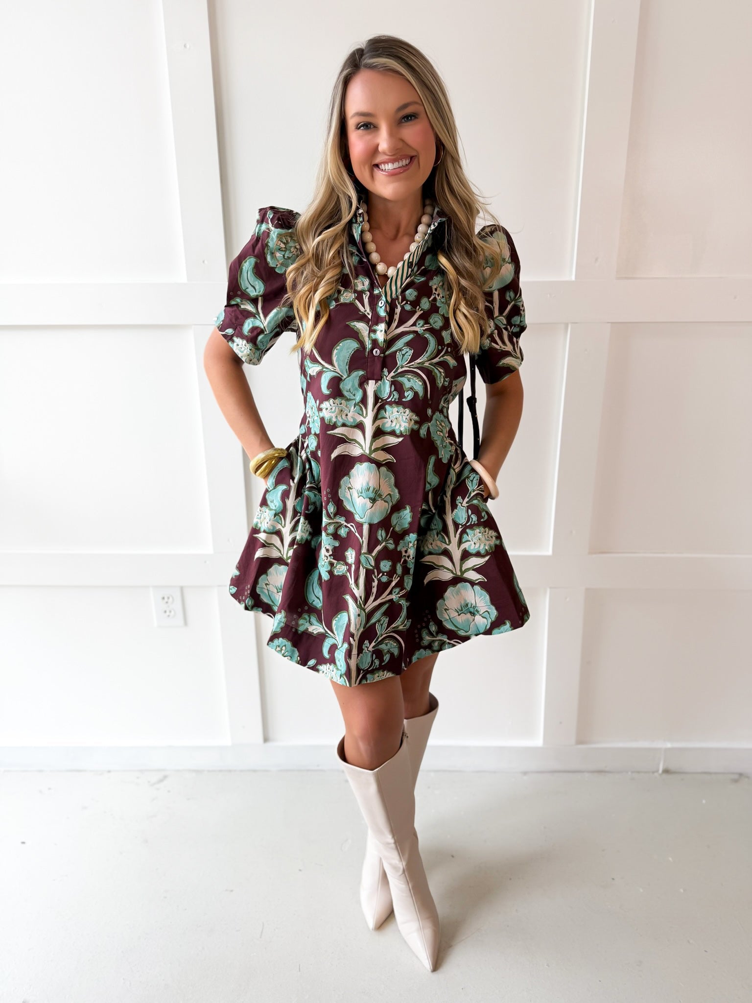 Floral Puff Sleeve Dress - Chocolate
