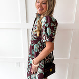 Floral Puff Sleeve Dress - Chocolate