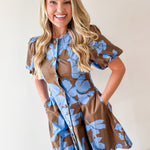 Floral Puff Sleeve Mini Dress - Blue Mocha