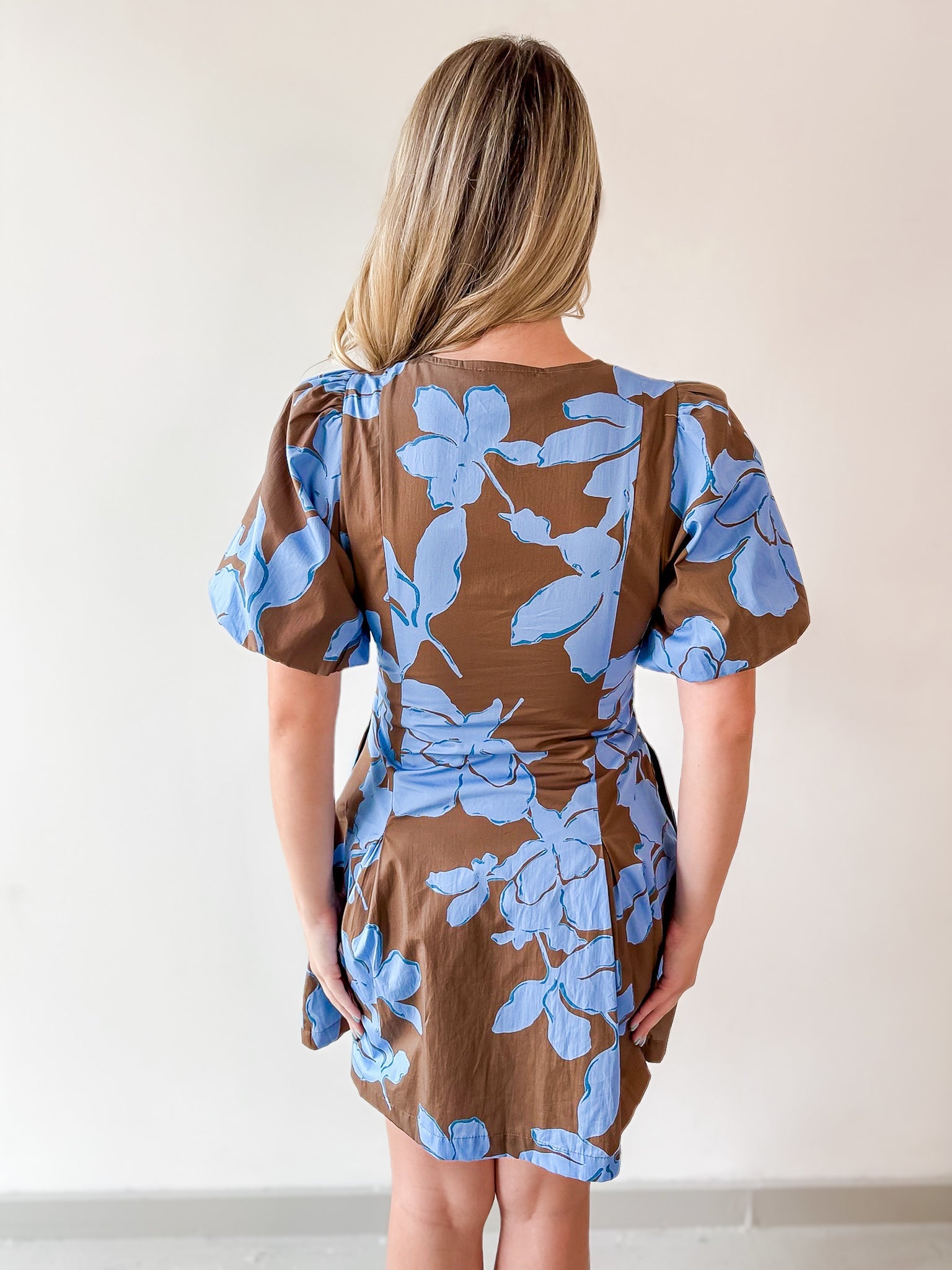 Floral Puff Sleeve Mini Dress - Blue Mocha