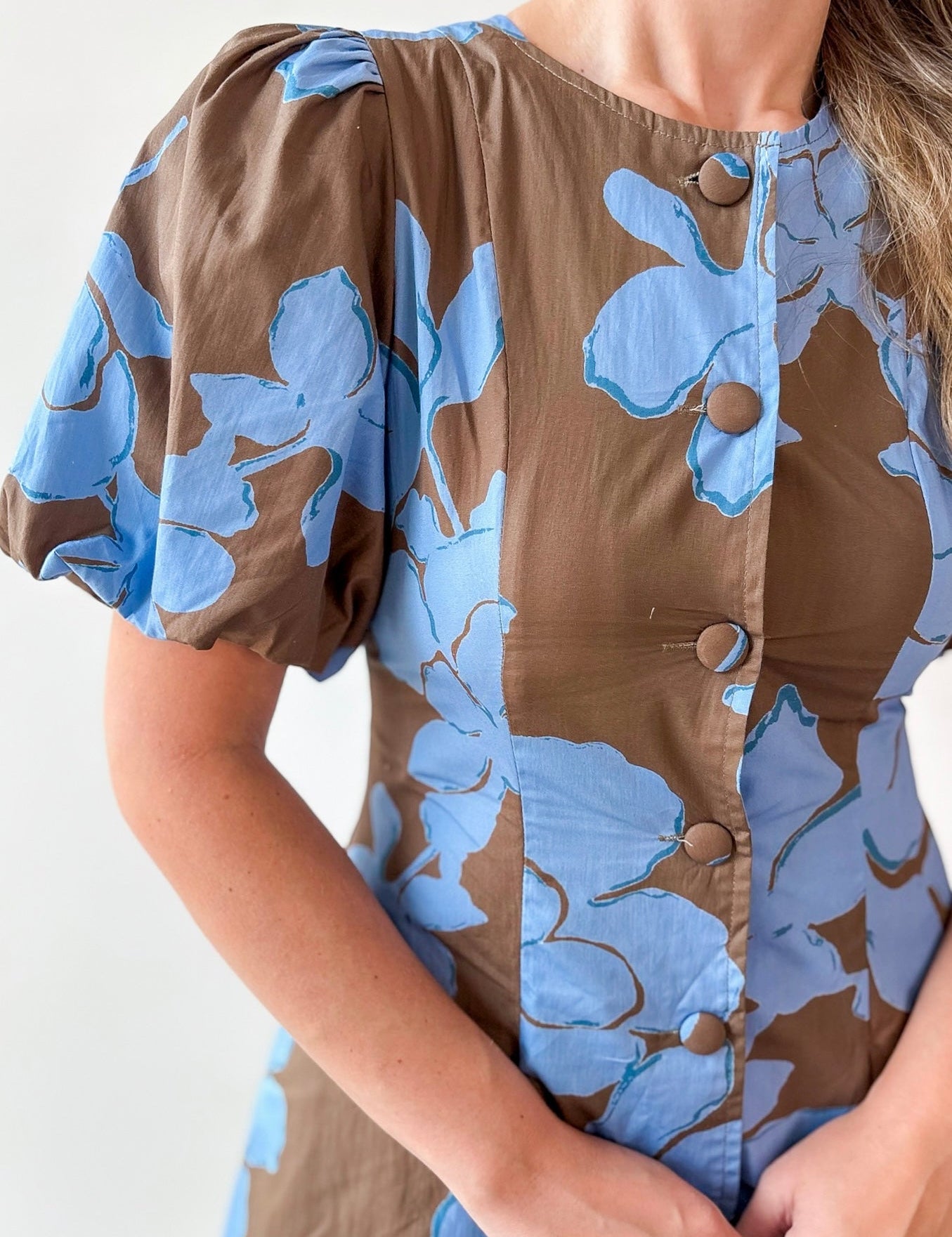 Floral Puff Sleeve Mini Dress - Blue Mocha
