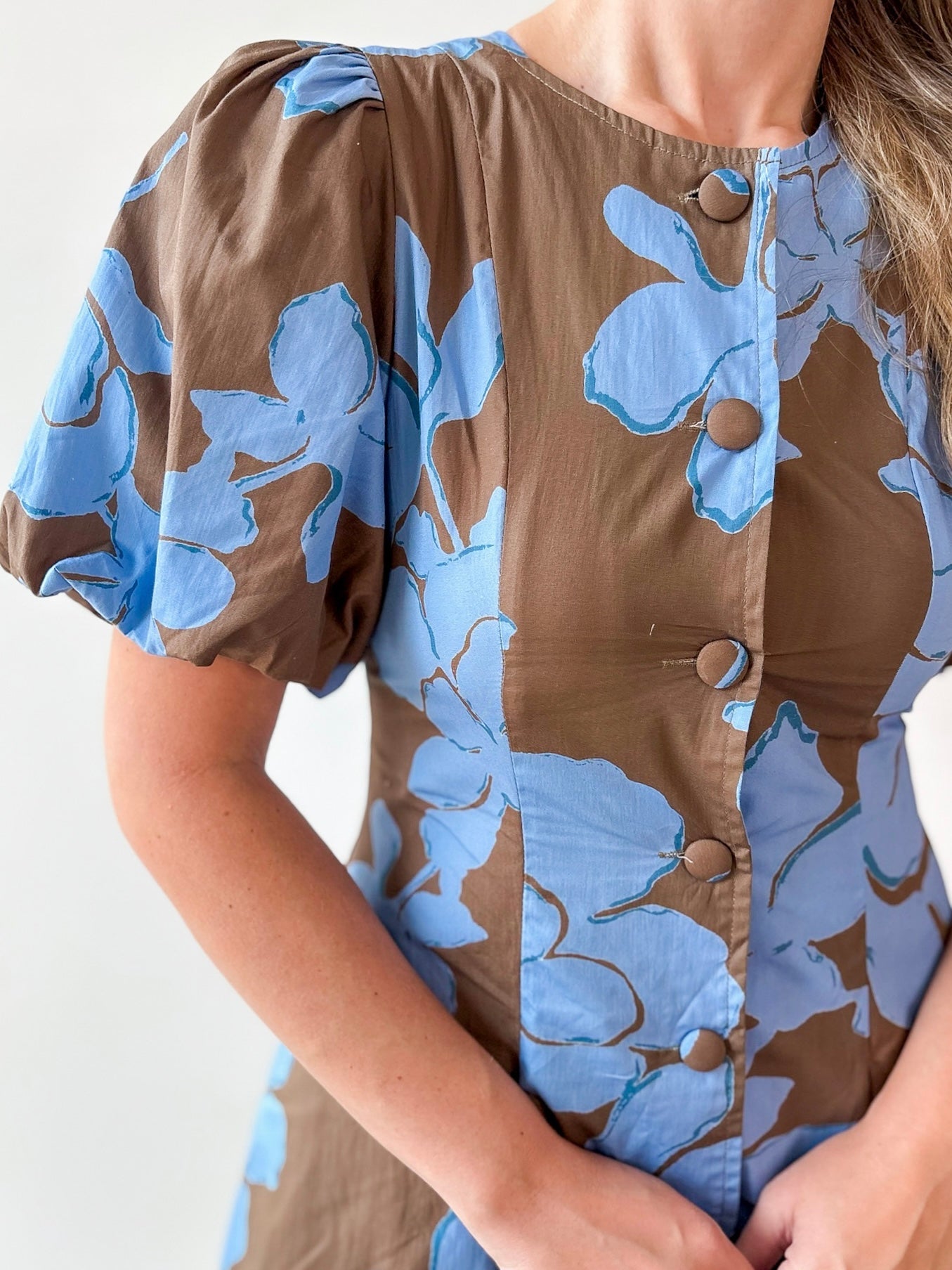 Floral Puff Sleeve Mini Dress - Blue Mocha