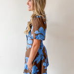 Floral Puff Sleeve Mini Dress - Blue Mocha