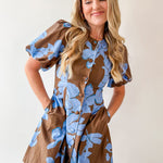 Floral Puff Sleeve Mini Dress - Blue Mocha