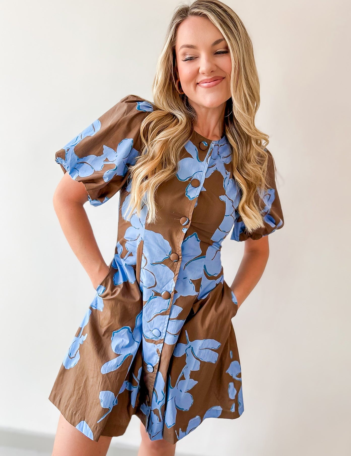 Floral Puff Sleeve Mini Dress - Blue Mocha