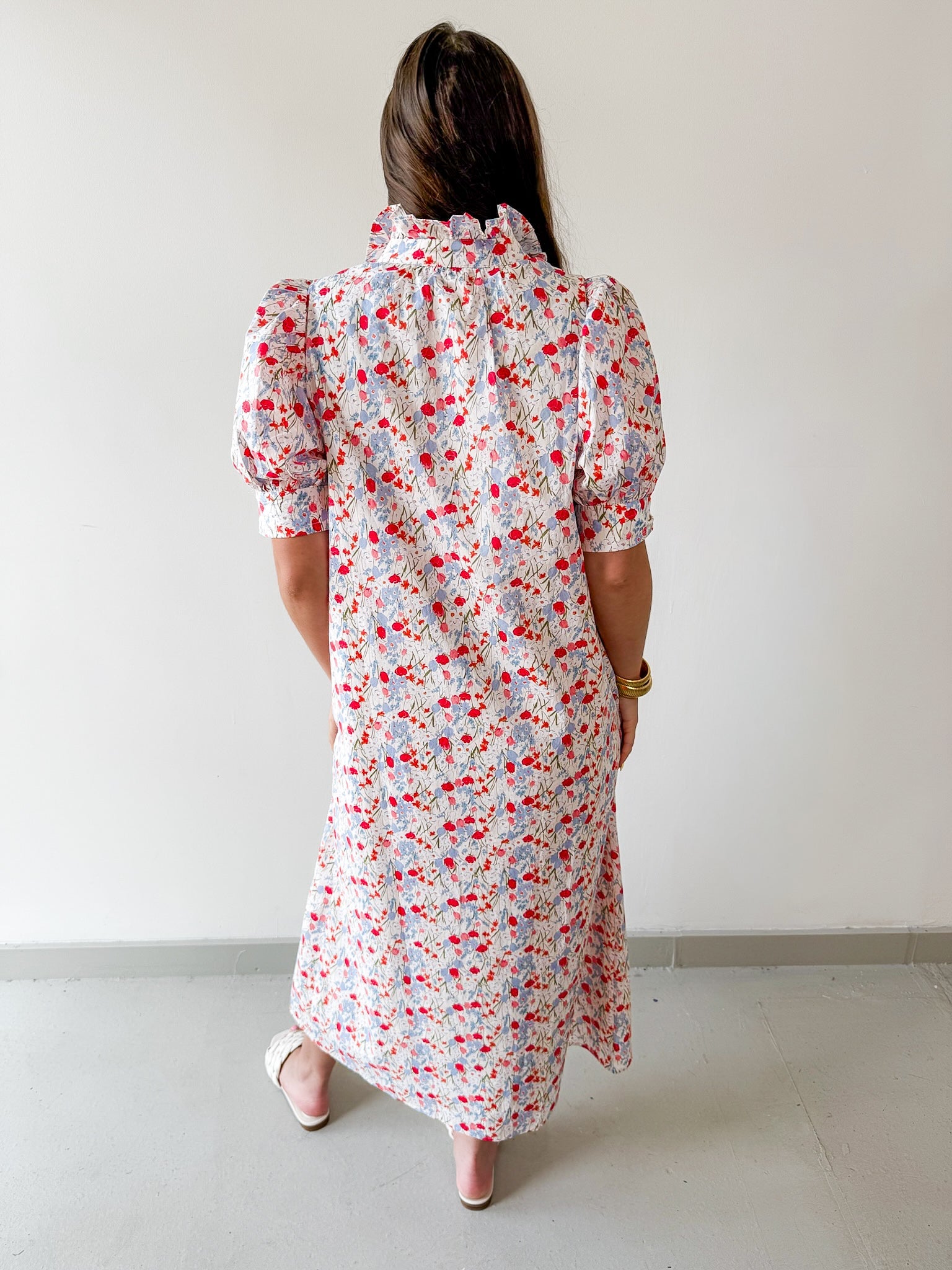 Floral Ruffled Neck Dress - Blue