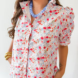 Floral Ruffled Neck Dress - Blue