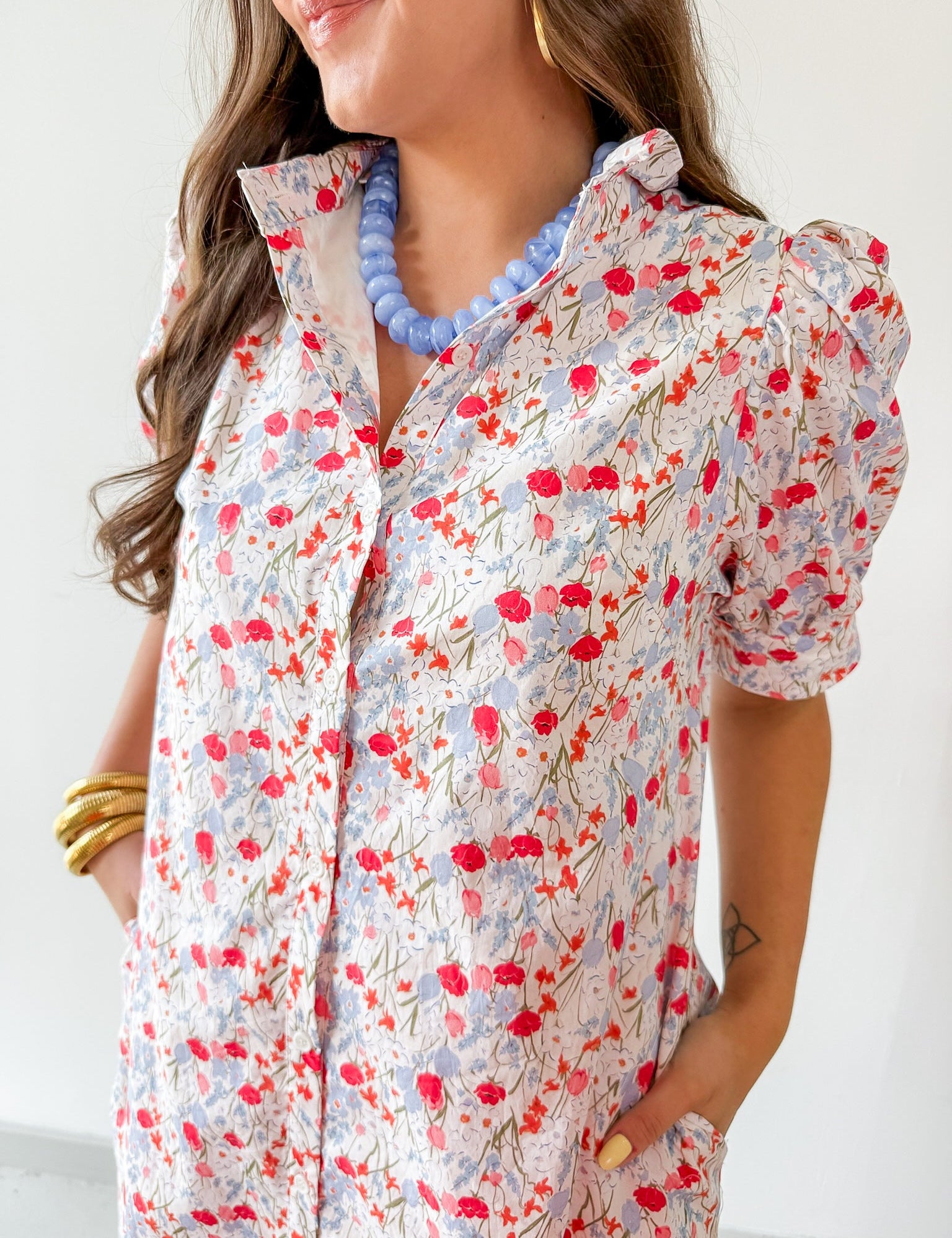 Floral Ruffled Neck Dress - Blue