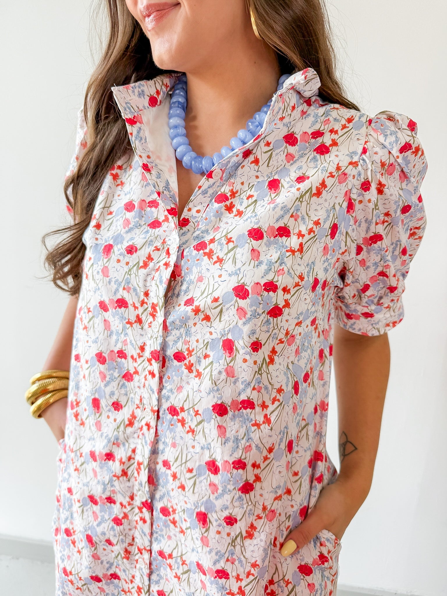 Floral Ruffled Neck Dress - Blue