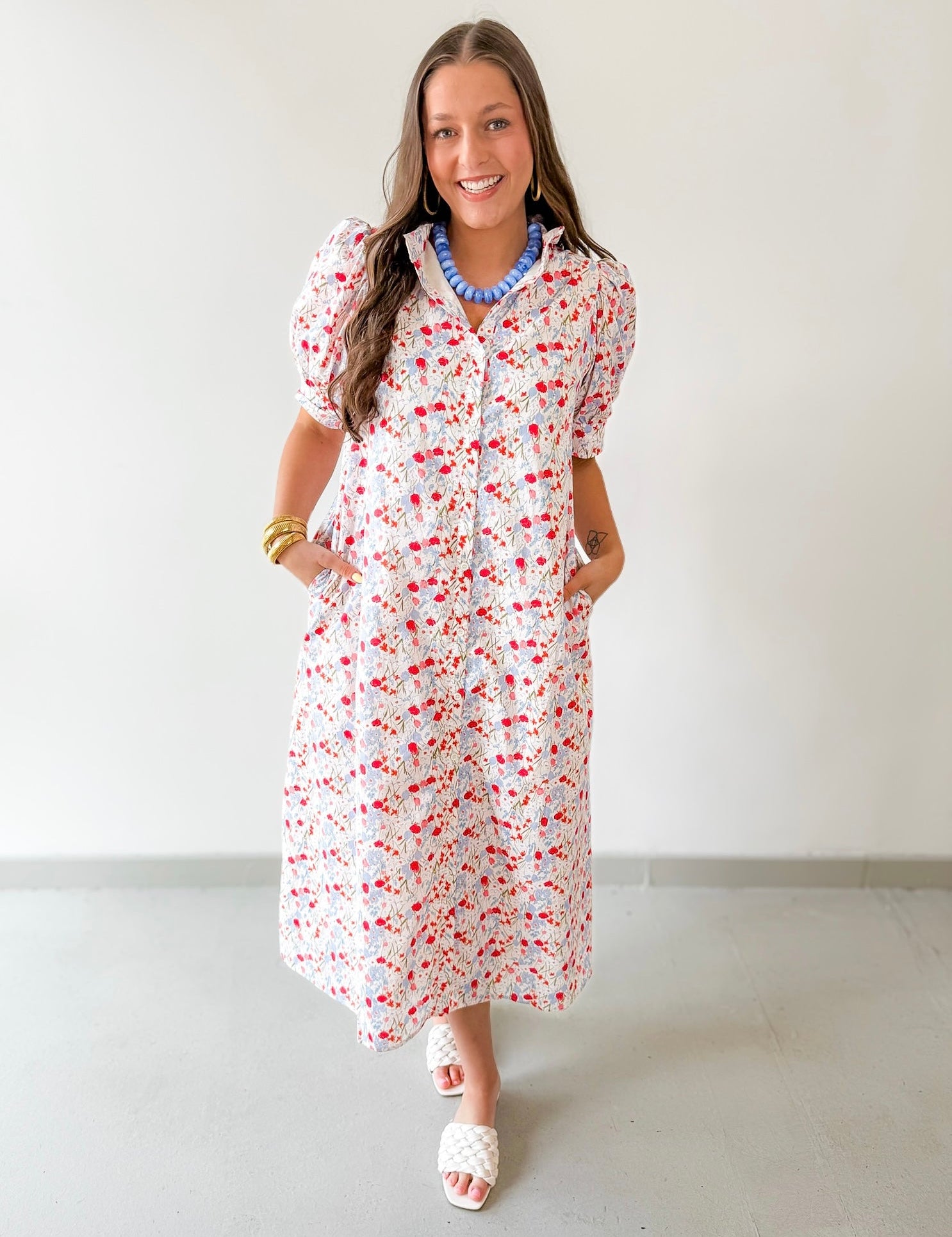 Floral Ruffled Neck Dress - Blue