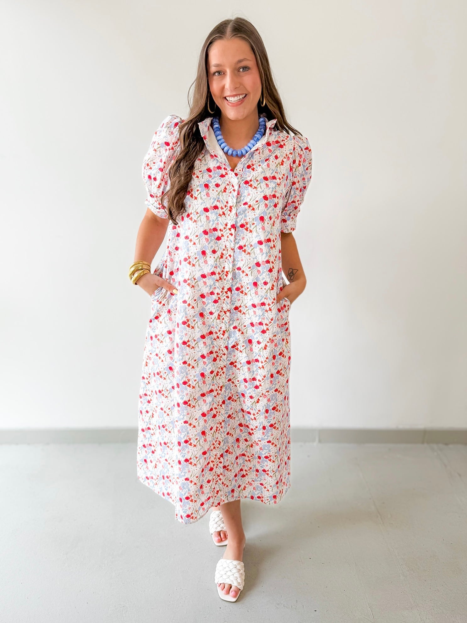 Floral Ruffled Neck Dress - Blue