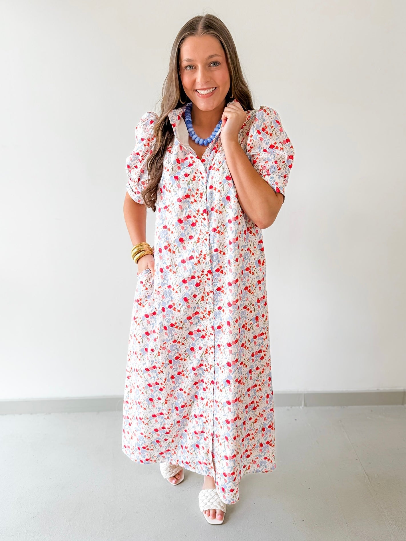 Floral Ruffled Neck Dress - Blue