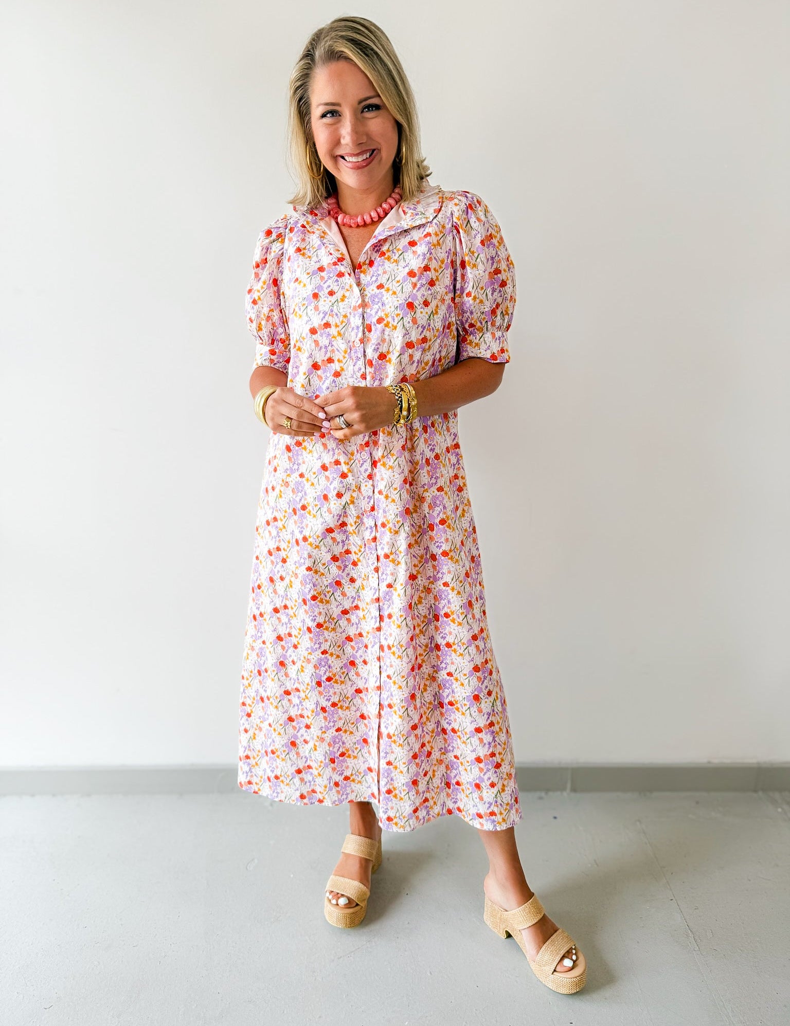 Floral Ruffled Neck Dress - Lavendar