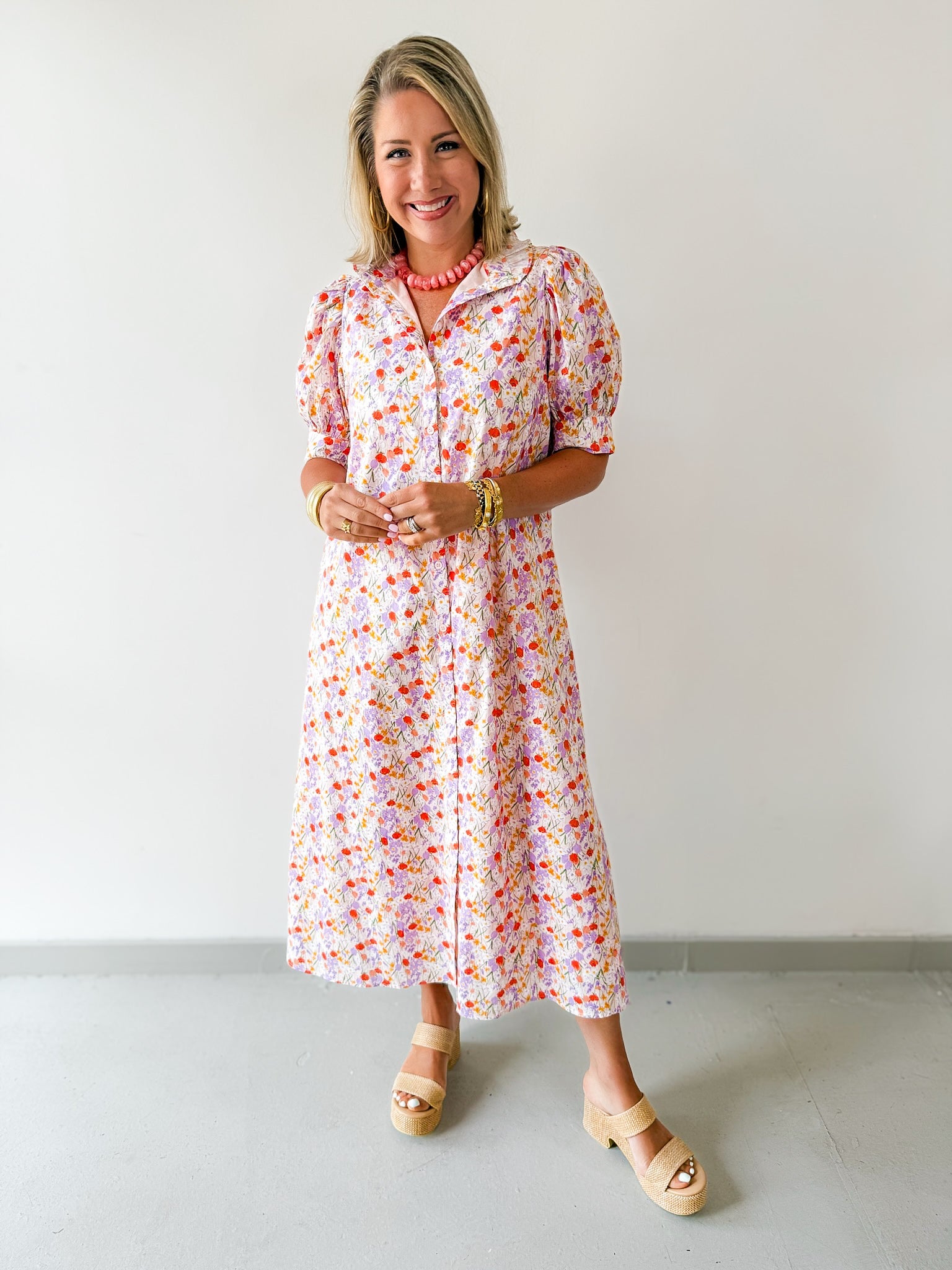 Floral Ruffled Neck Dress - Lavendar