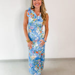 Floral Satin Cowl Midi Dress