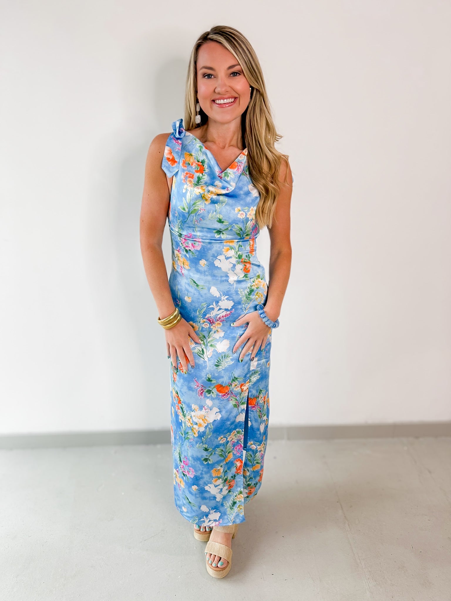 Floral Satin Cowl Midi Dress