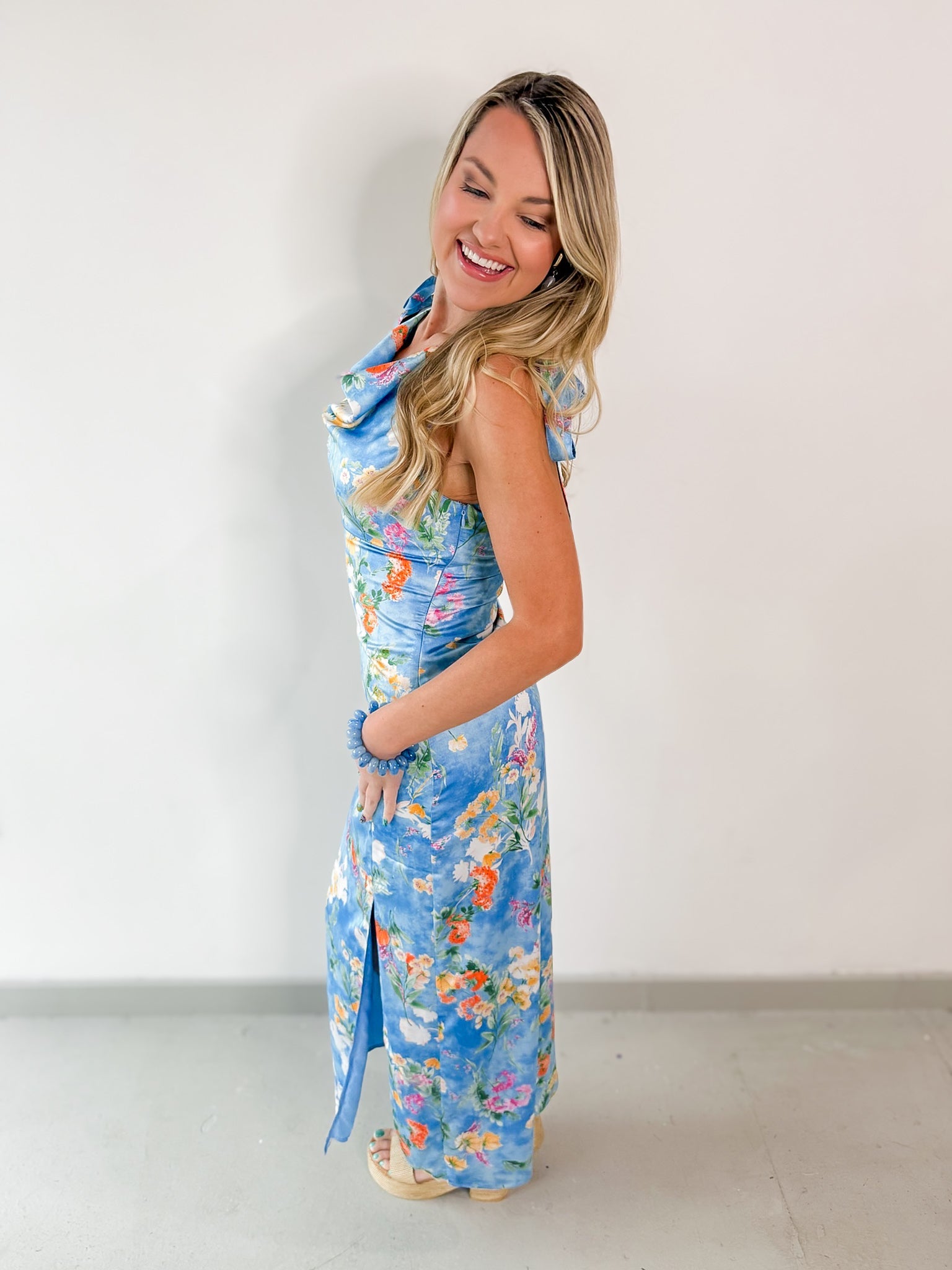 Floral Satin Cowl Midi Dress