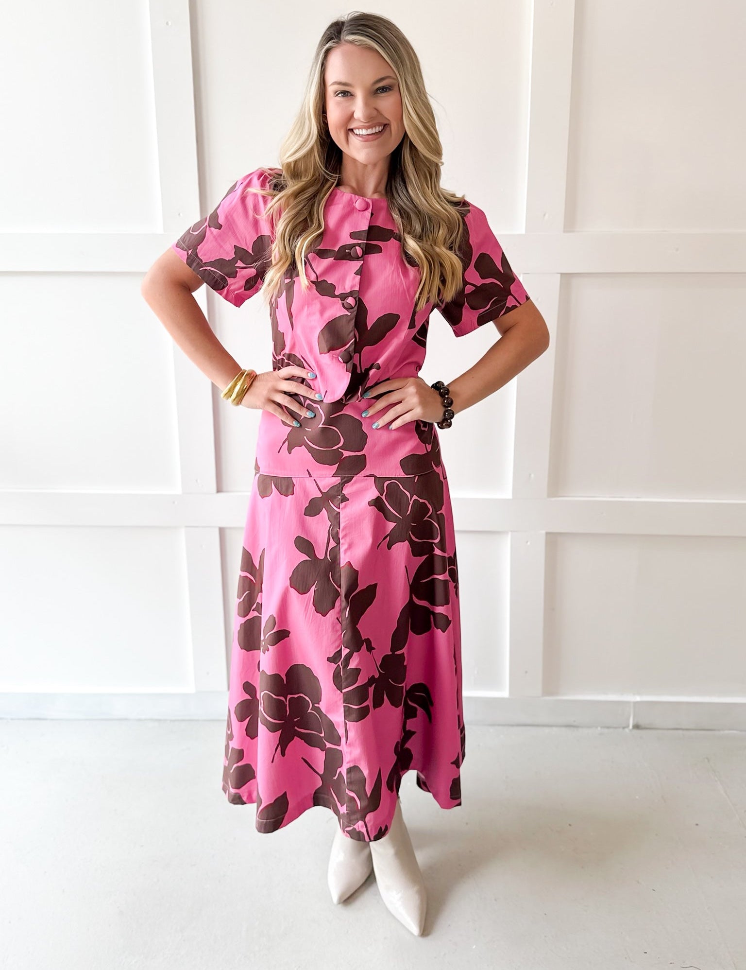 Floral top & Midi Skirt Set- Pink/Brown