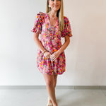 Floral V Neck Puff Sleeve Dress