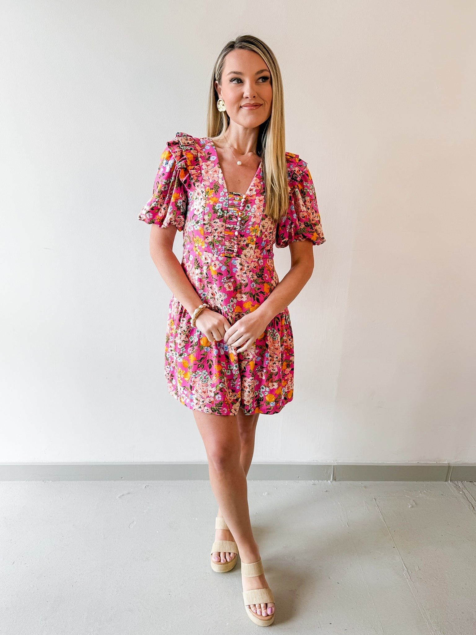 Floral V Neck Puff Sleeve Dress