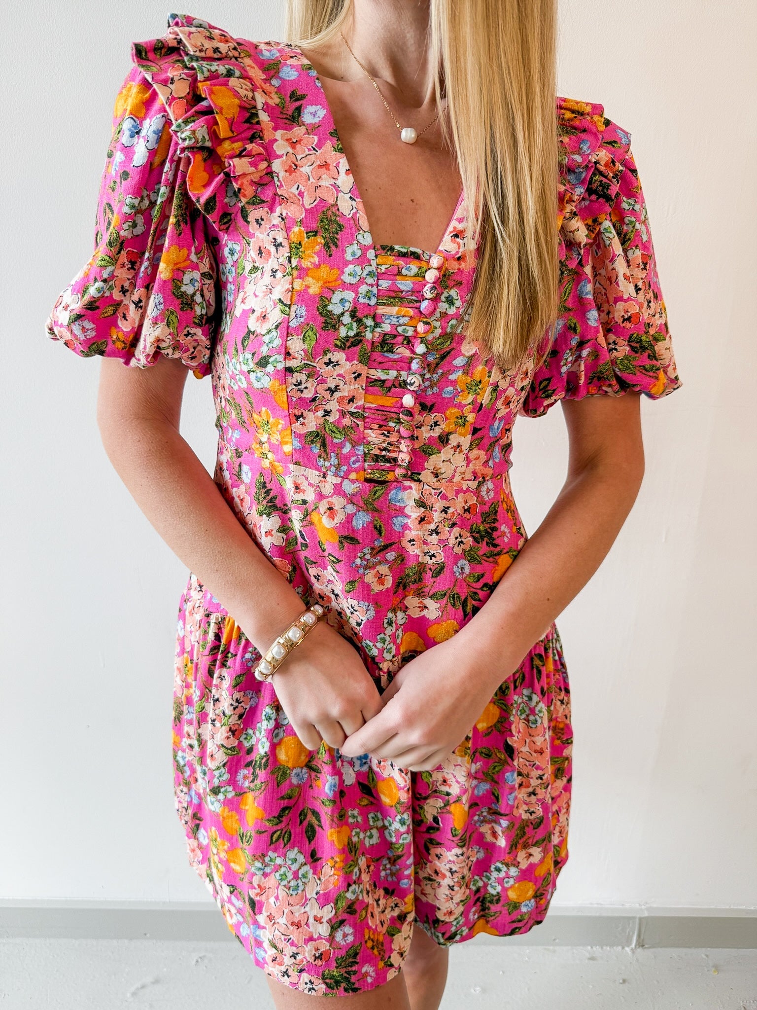 Floral V Neck Puff Sleeve Dress