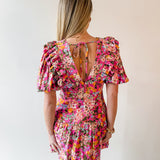 Floral V Neck Puff Sleeve Dress
