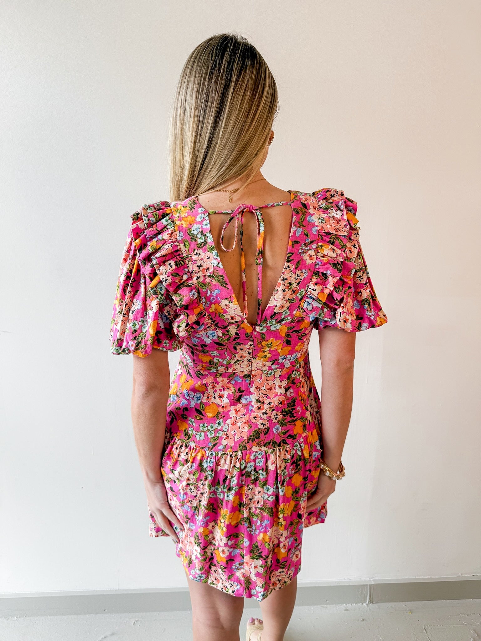 Floral V Neck Puff Sleeve Dress