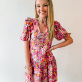 Floral V Neck Puff Sleeve Dress