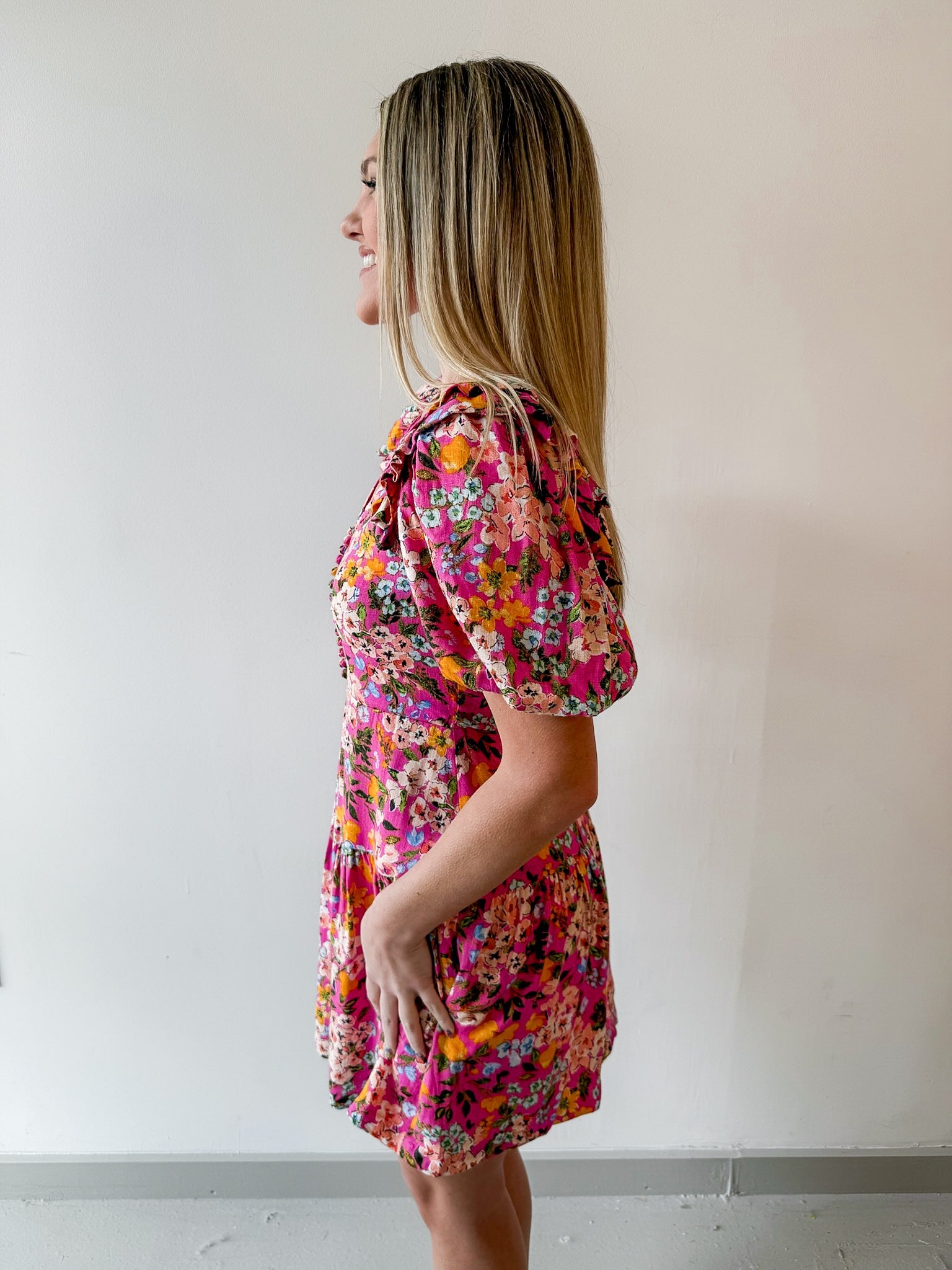 Floral V Neck Puff Sleeve Dress