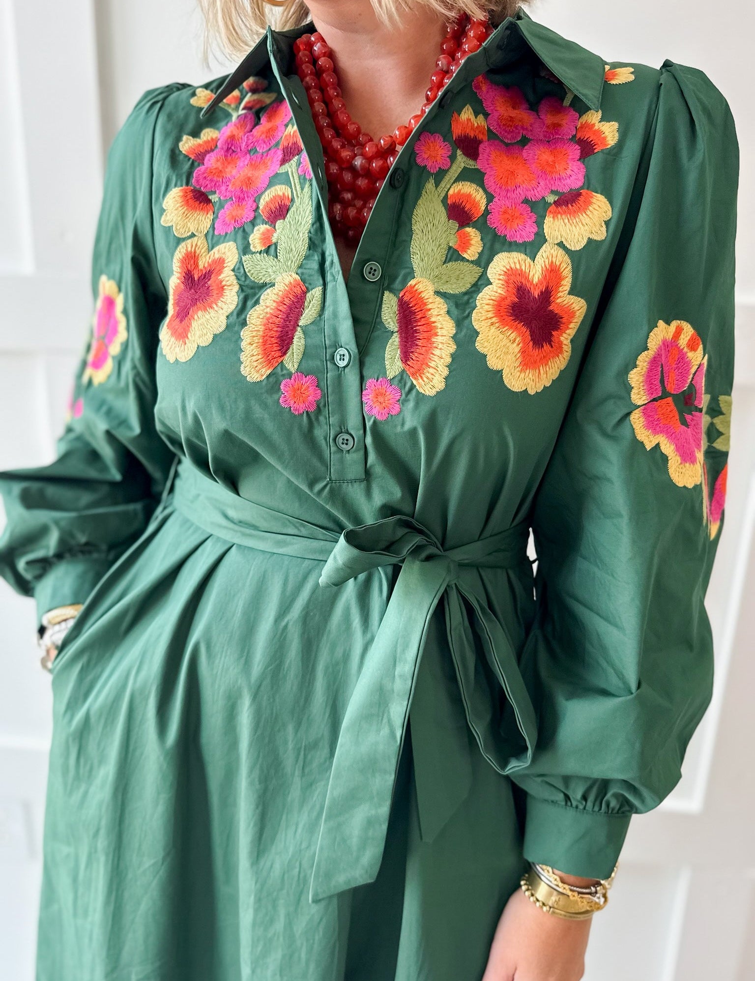 Floral Waist Tie Midi Dress - Green