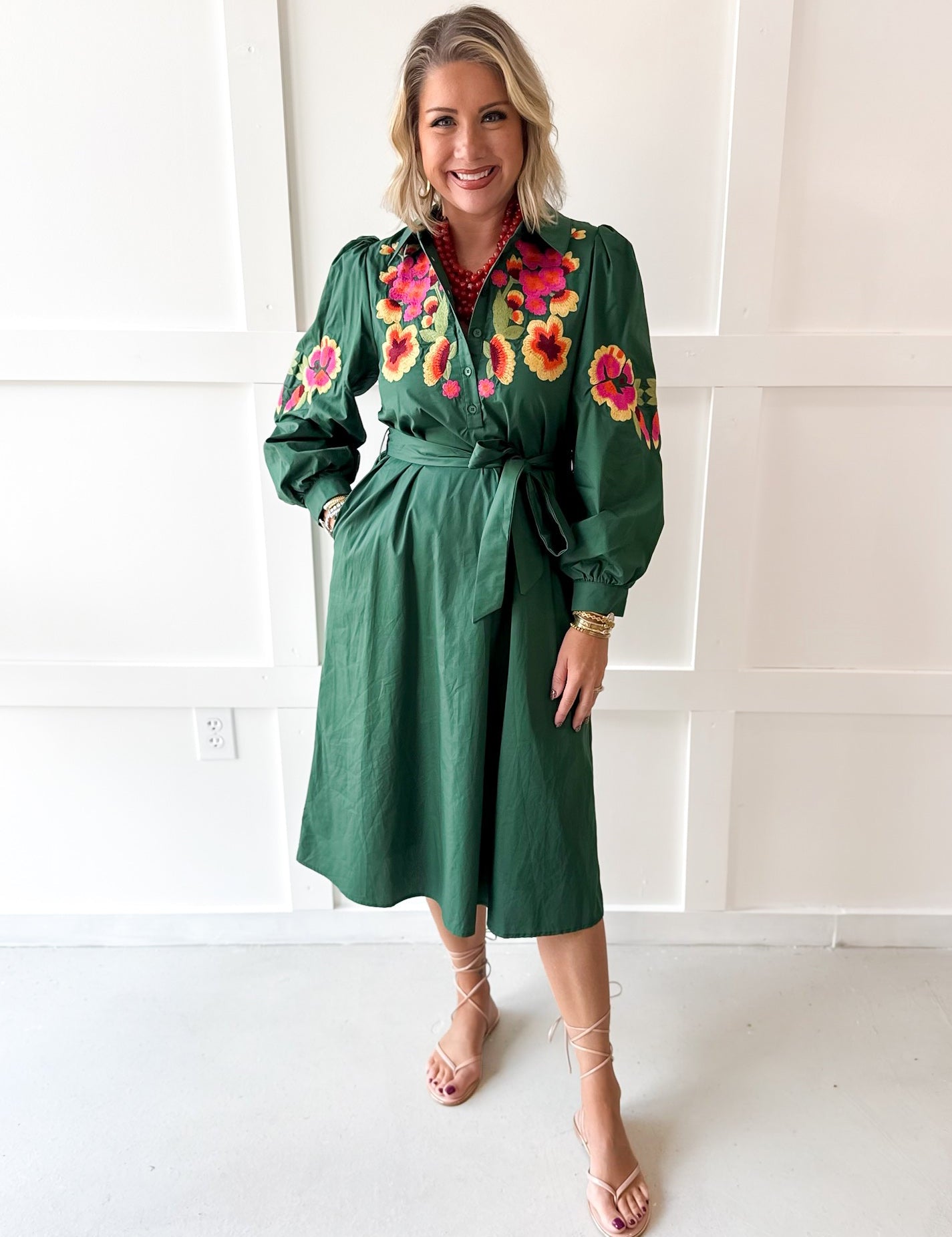 Floral Waist Tie Midi Dress - Green