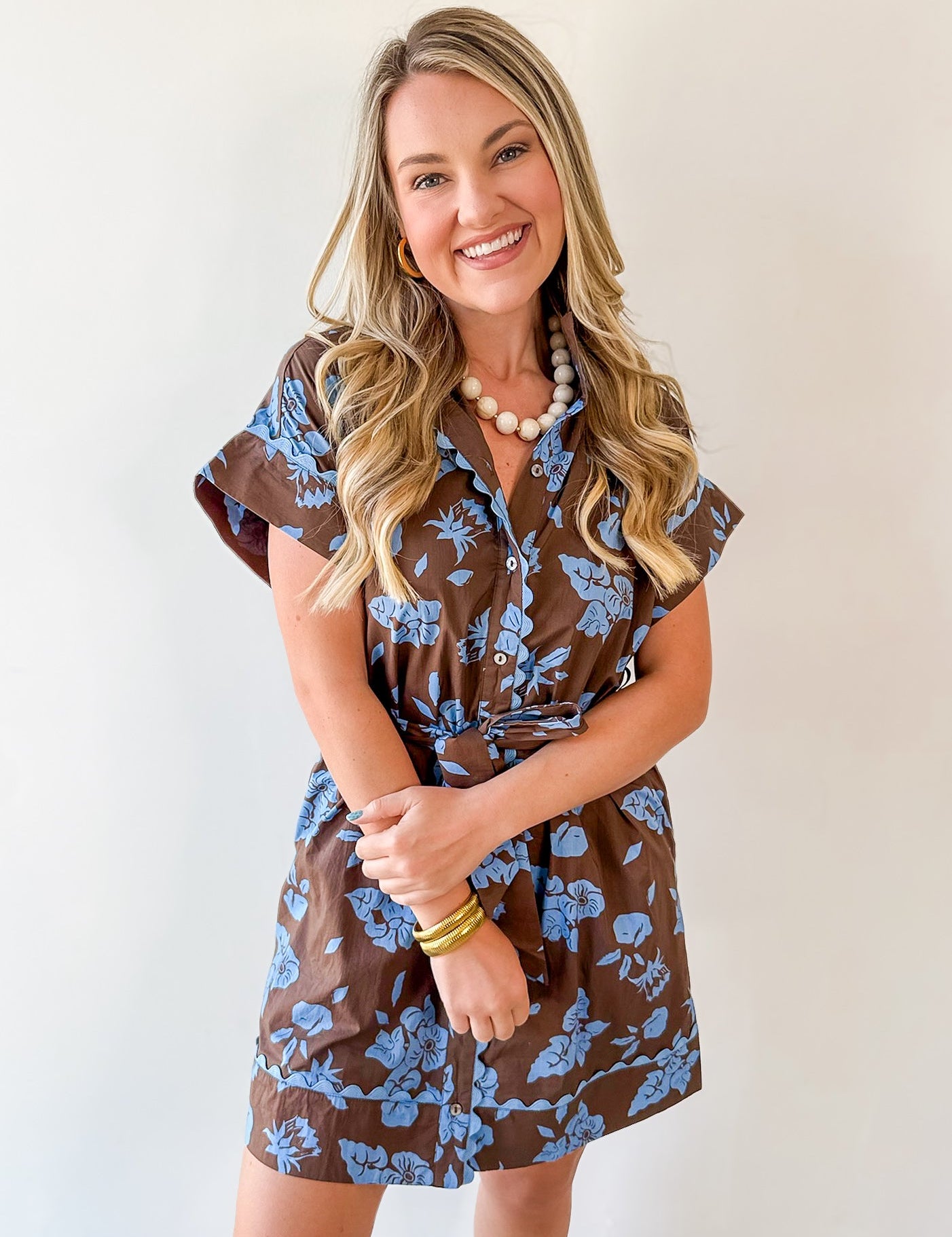 Floral With Scallop Details Dress - Brown