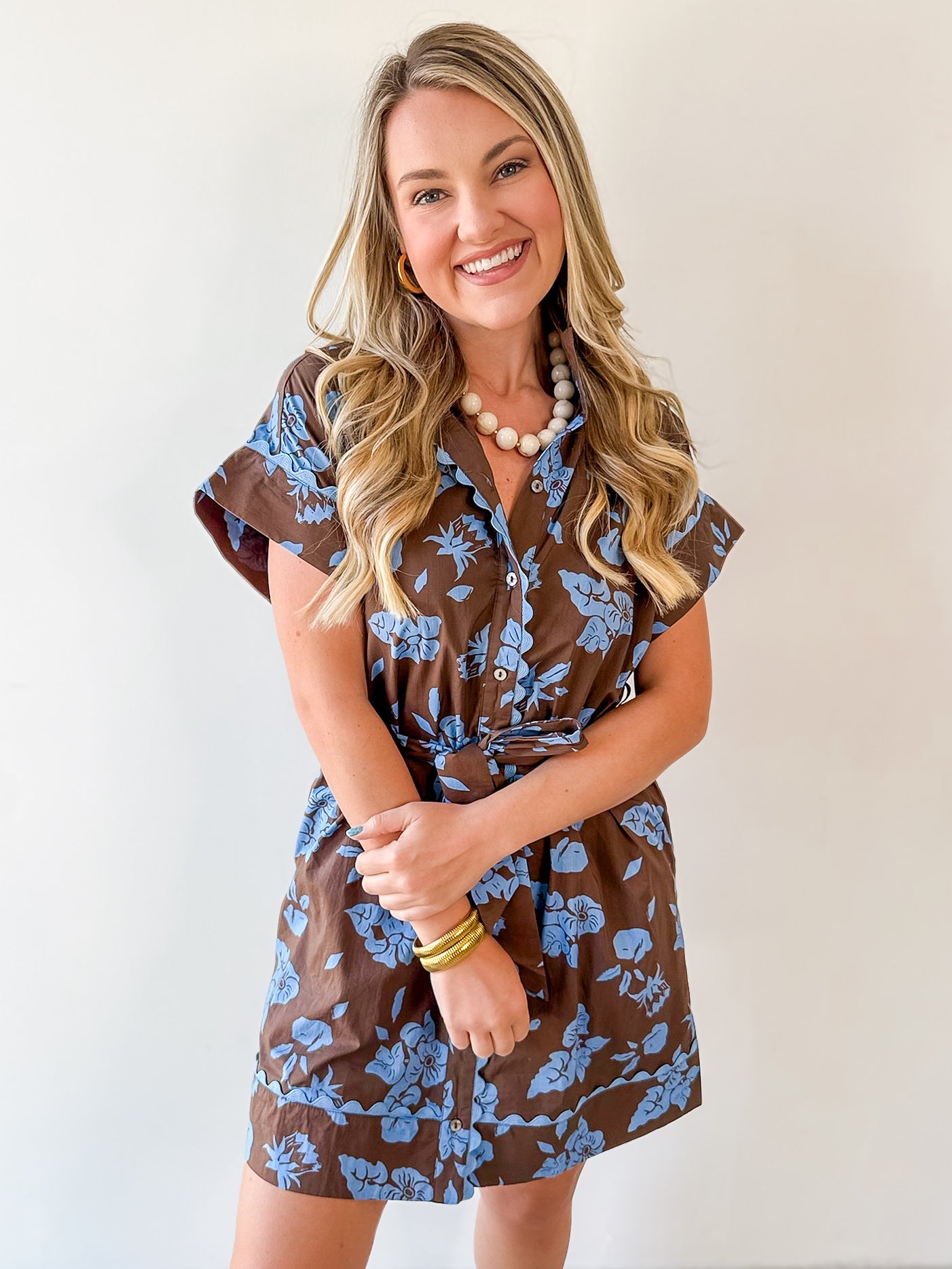 Floral With Scallop Details Dress - Brown