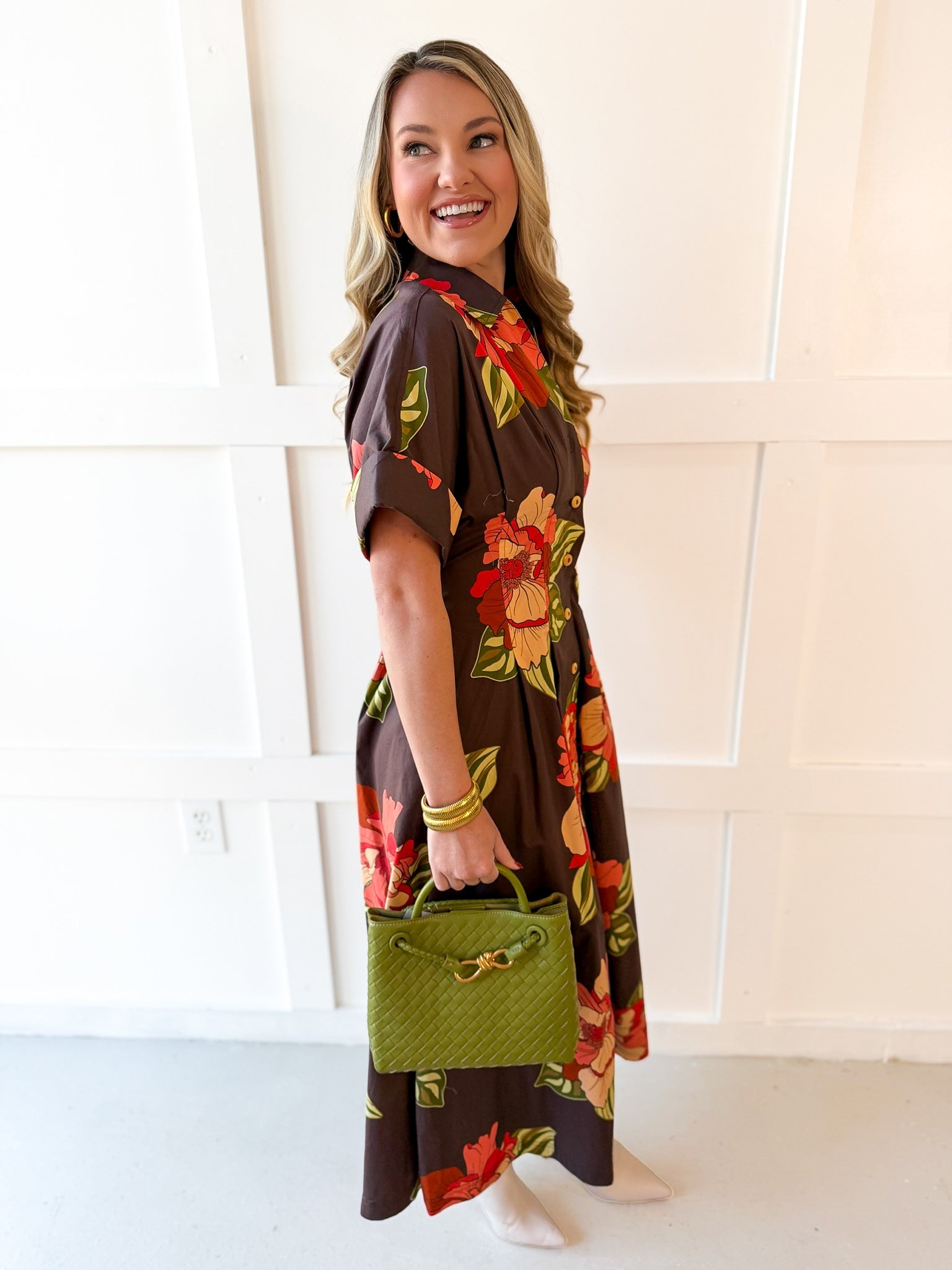 Flower Dress with Cuff Sleeves - Maxi