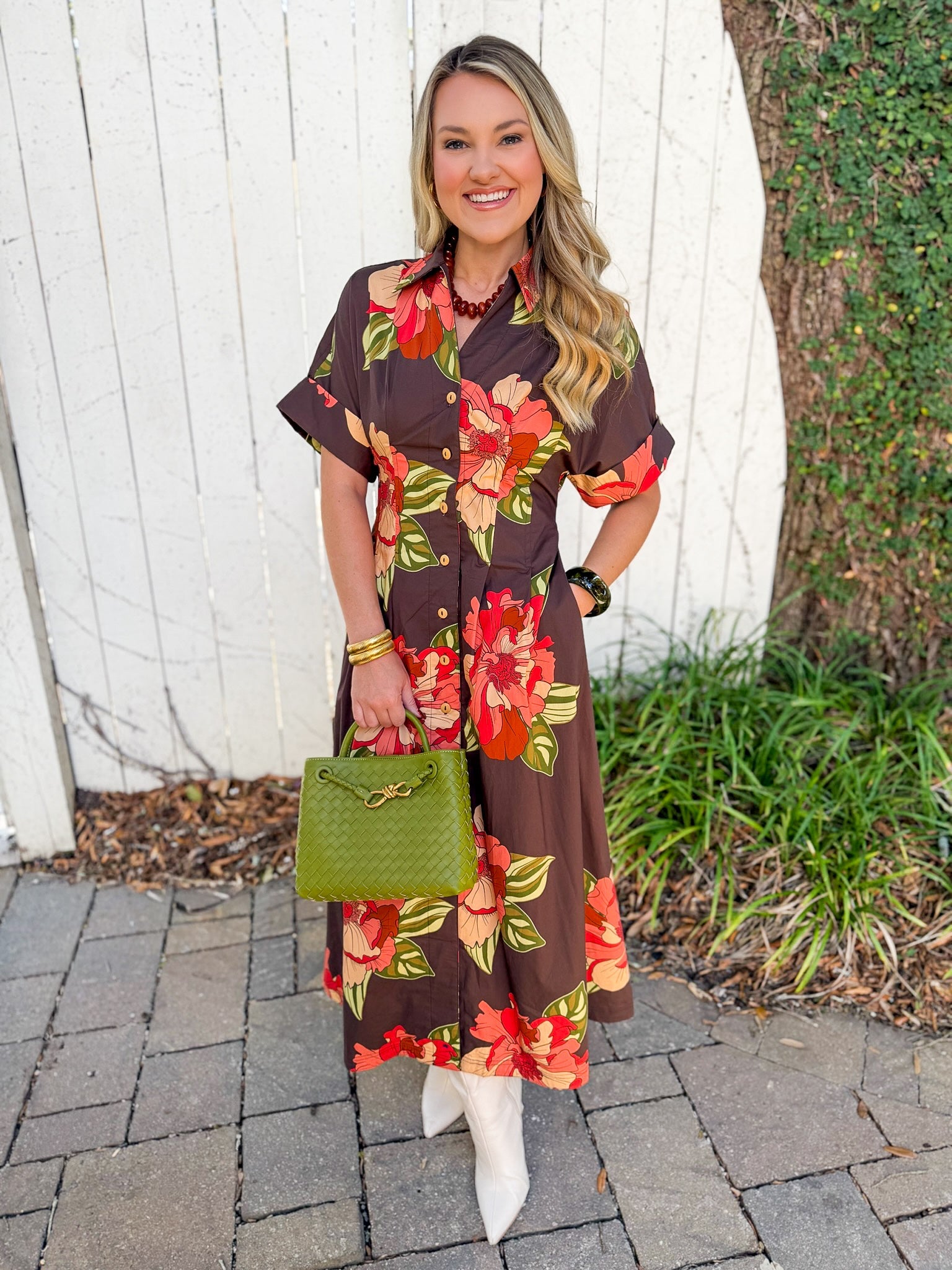Flower Dress with Cuff Sleeves - Maxi