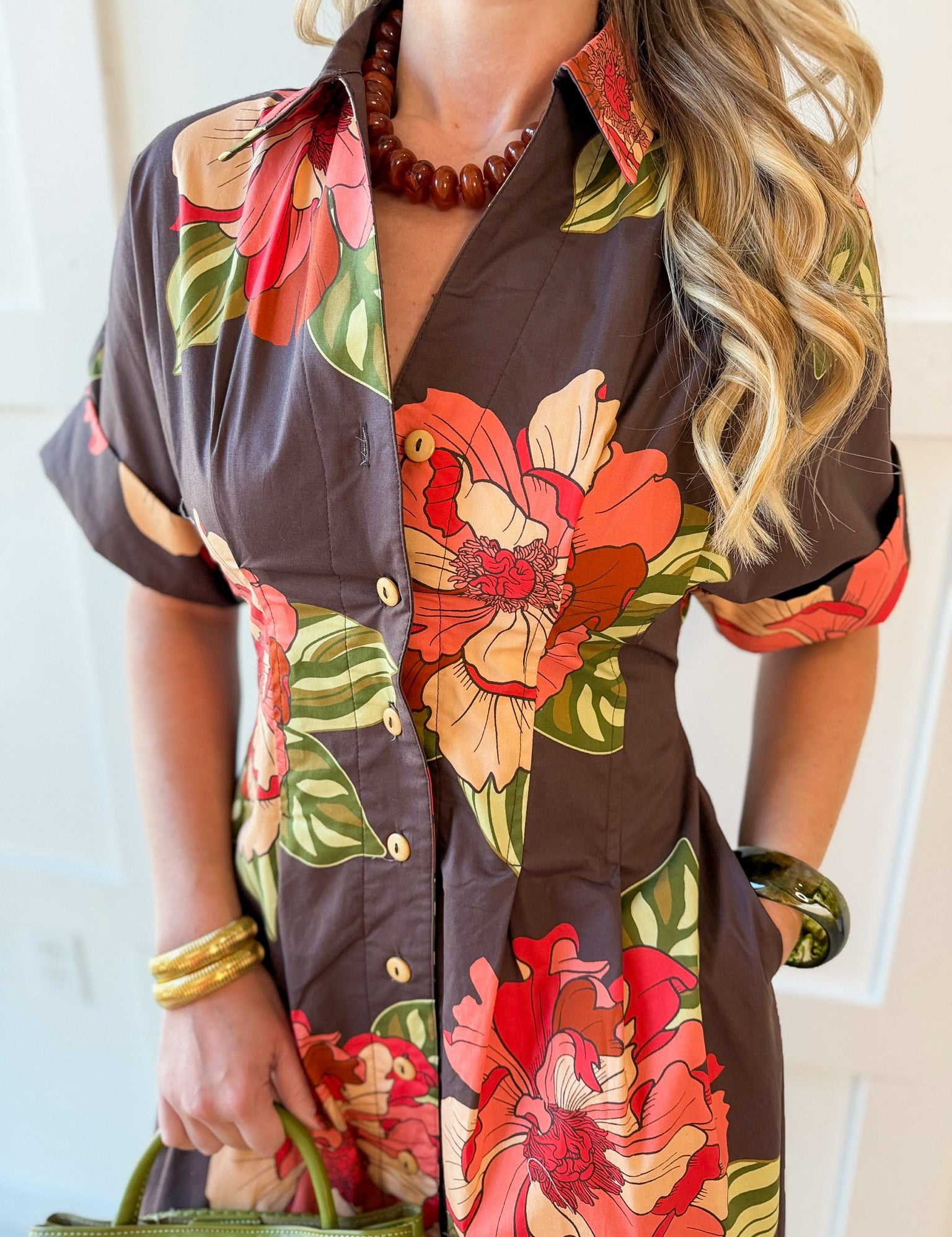 Flower Dress with Cuff Sleeves - Maxi
