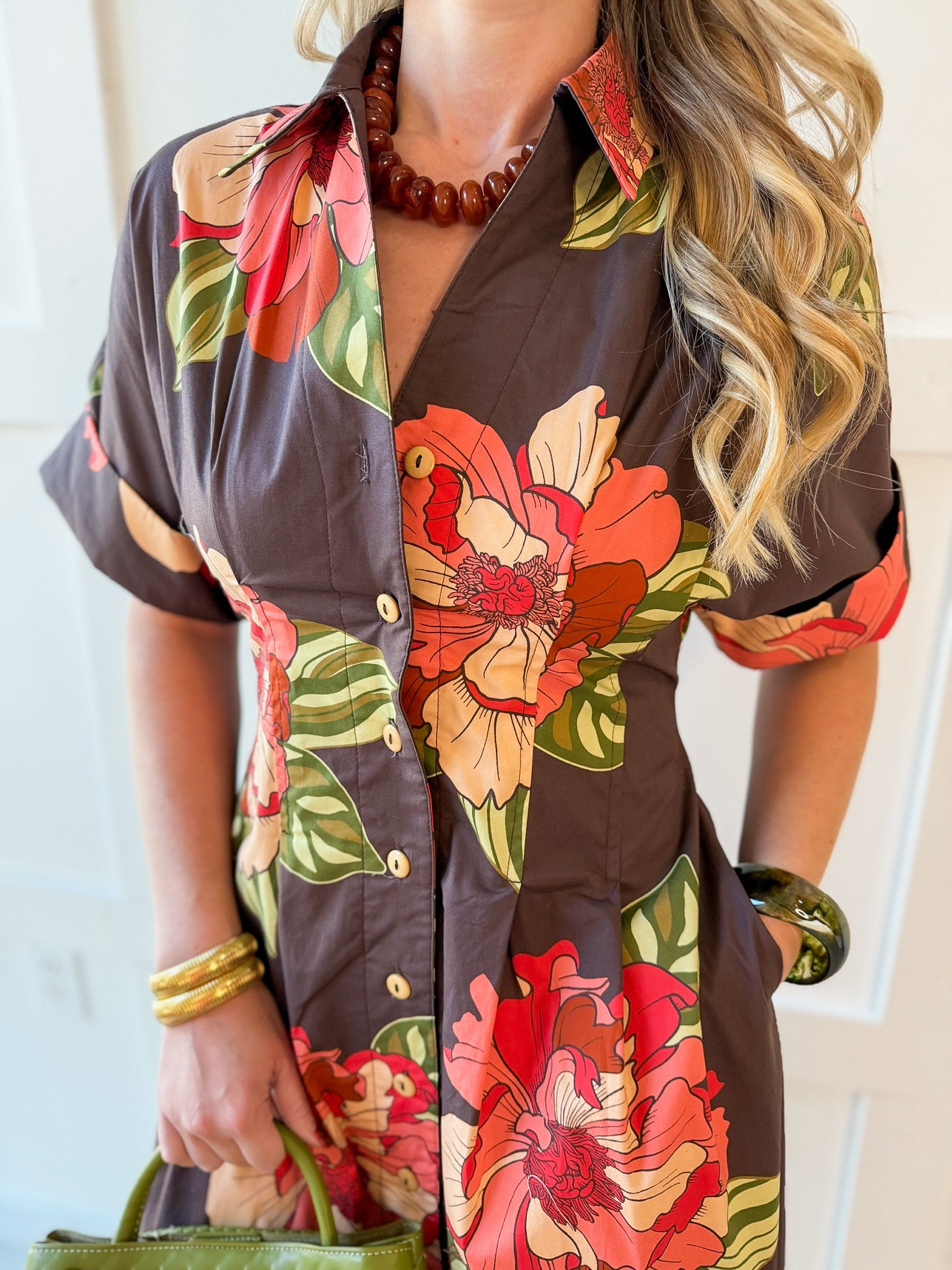 Flower Dress with Cuff Sleeves - Maxi