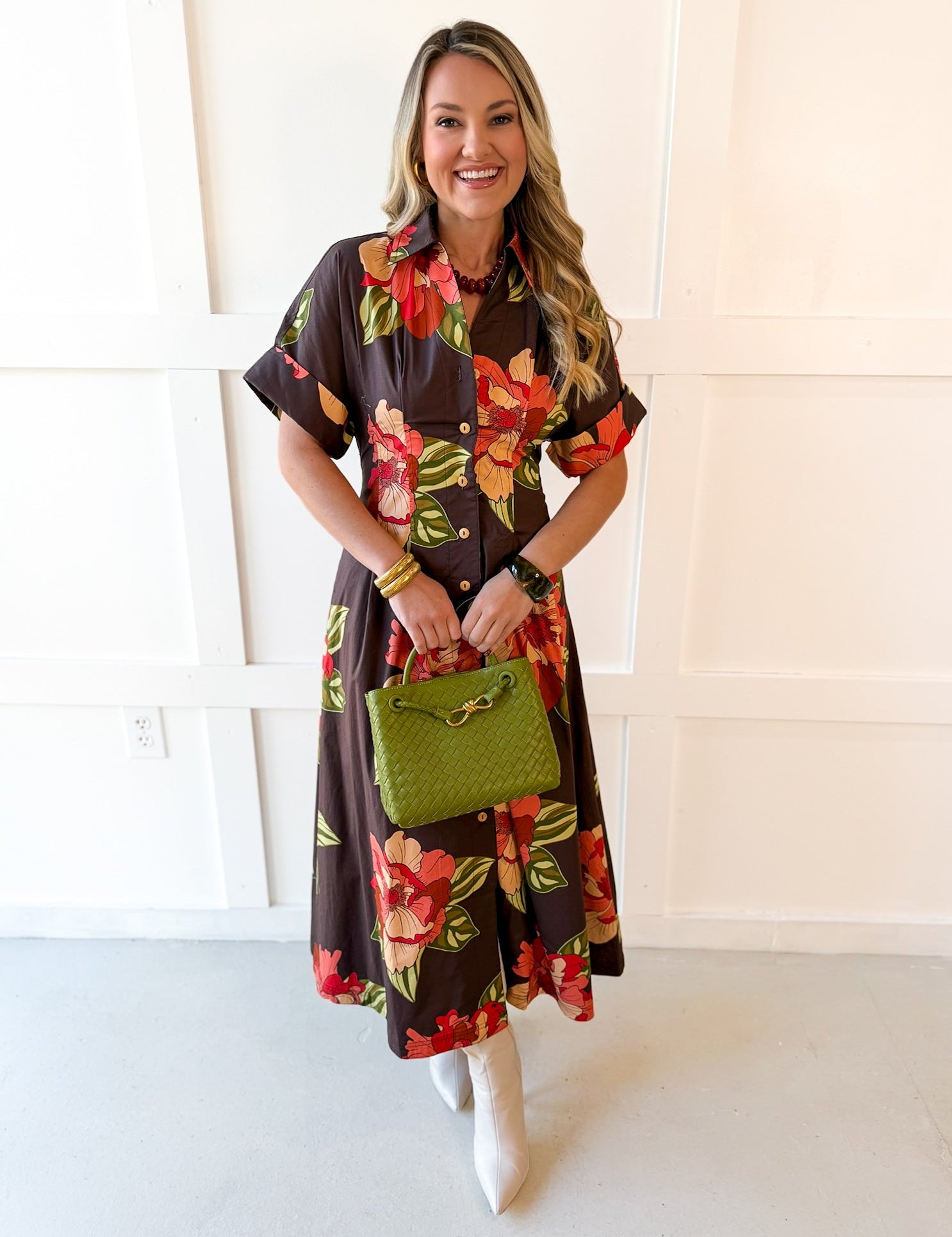 Flower Dress with Cuff Sleeves - Maxi