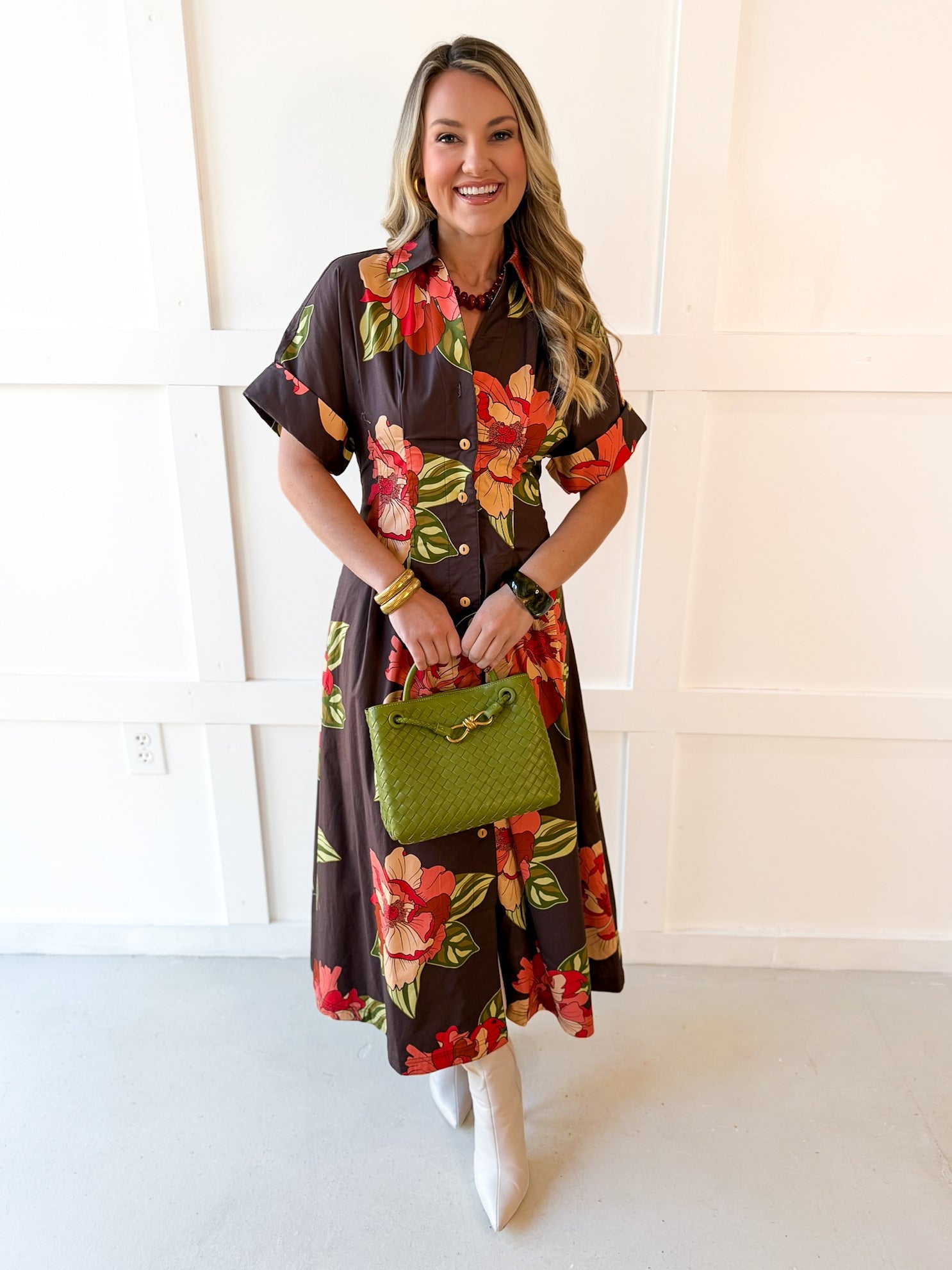 Flower Dress with Cuff Sleeves - Maxi
