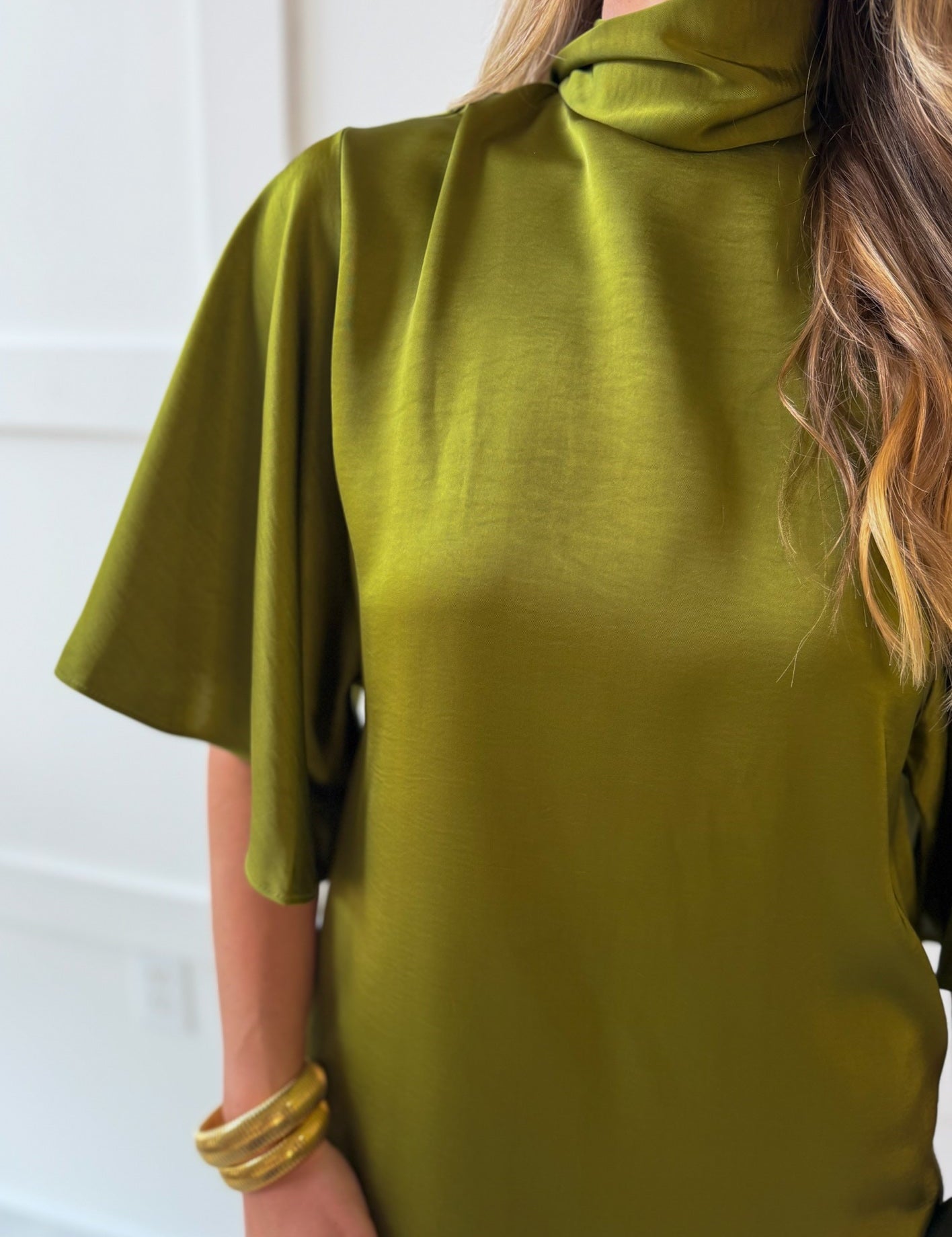 Flowy Satin Tie Back Midi Dress - Olive