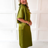 Flowy Satin Tie Back Midi Dress - Olive