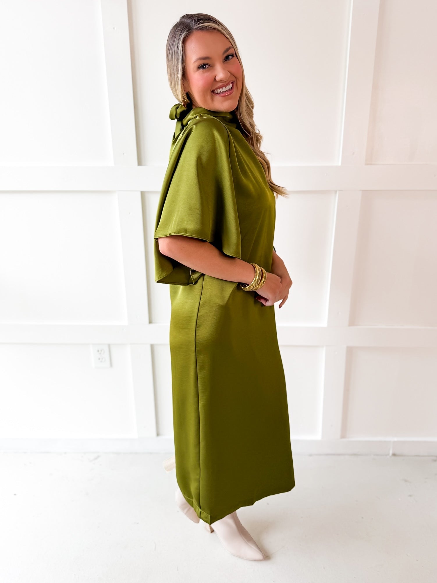 Flowy Satin Tie Back Midi Dress - Olive
