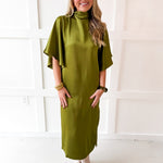 Flowy Satin Tie Back Midi Dress - Olive